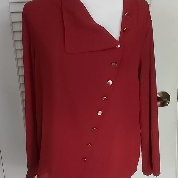 SHEIN Asymmetrical Neck Button Front Top S Corporate Siren Cherry Girl Holiiday - Picture 3 of 10